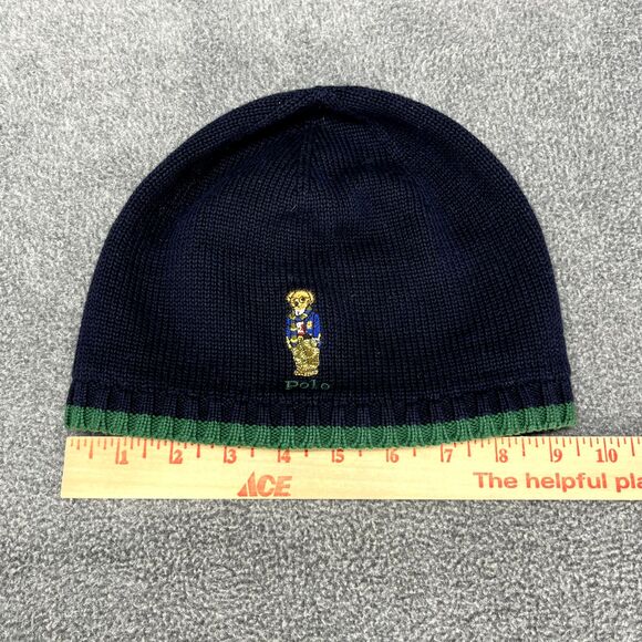 Polo Ralph Lauren Hat & Scarf Teddy Bear Navy Blue Green knit Cotton 8-20 Youth - Picture 10 of 15